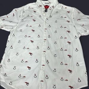 Denim & Flower White Short Sleeve Cotton Shirt with Penguin Holiday Print